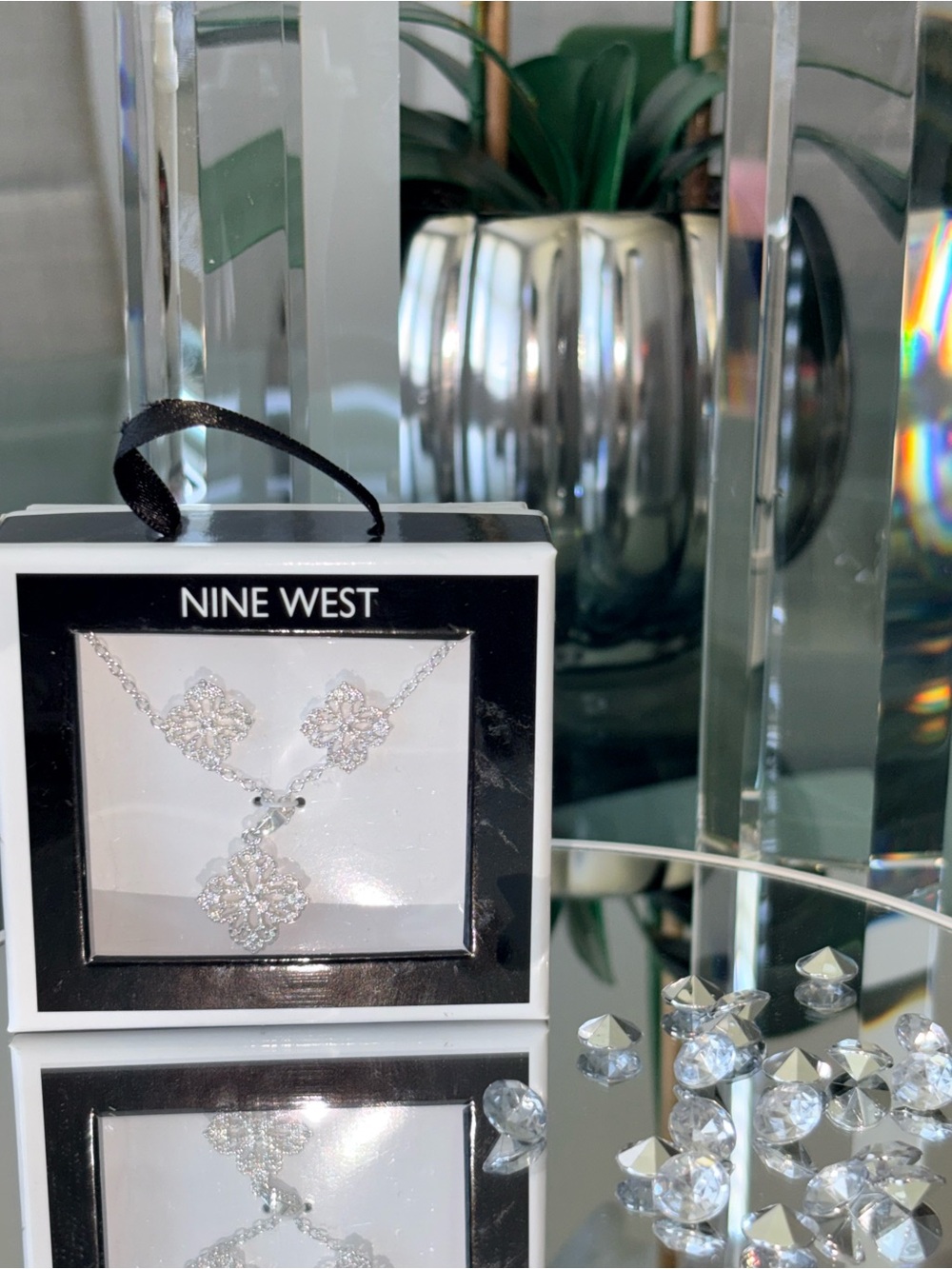 Nine West Silver Crystal Floral Pendant Necklace Earrings Set